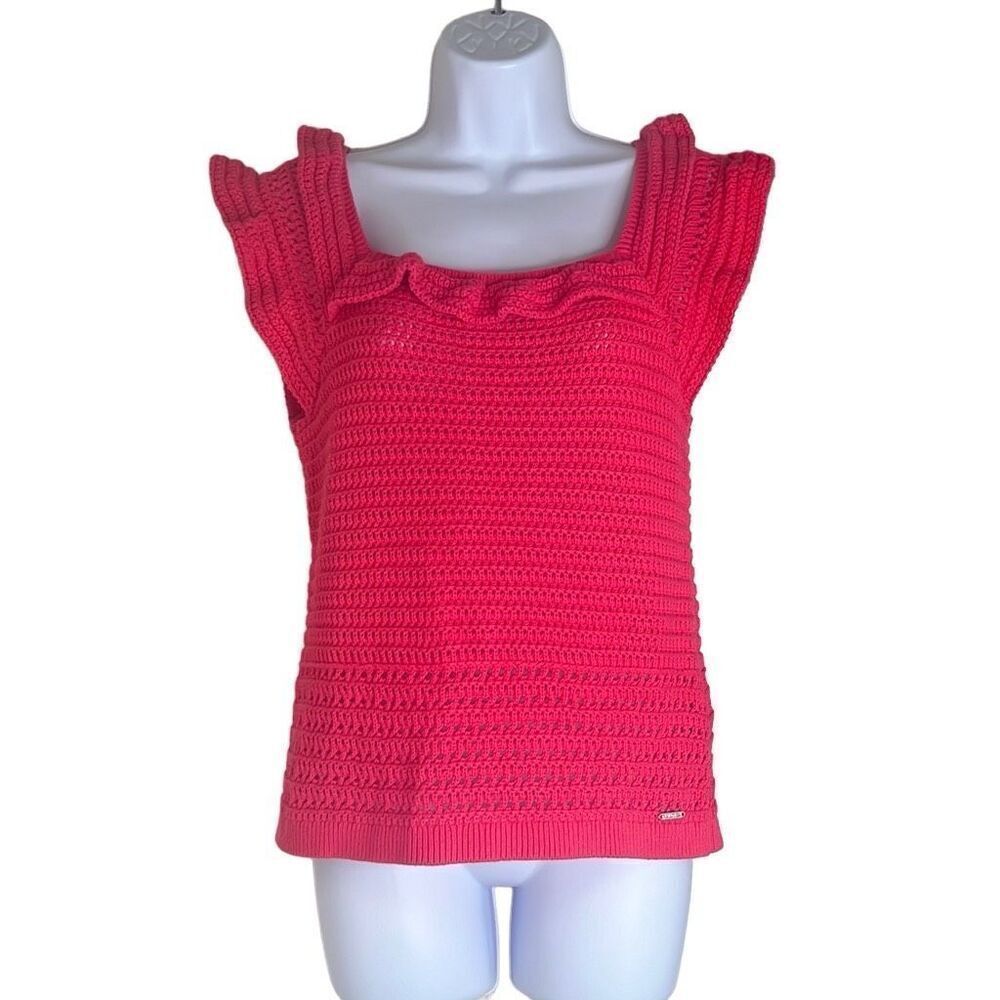 Nautica Pink Crocheted Pullover Top Square Neck Short Sleeve Medium NWT Preppy‎